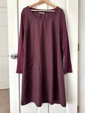 FLAX Linen Cotton Dress Long Sleeves Lagenlook Midi A-line Berry Wine Size M
